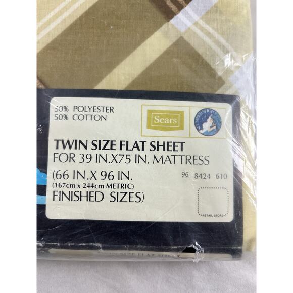 Sears Sherbet Twin Top Flat Sheet Criss Cross Plaid Cotton Blend New Dead Stock - Picture 5 of 6